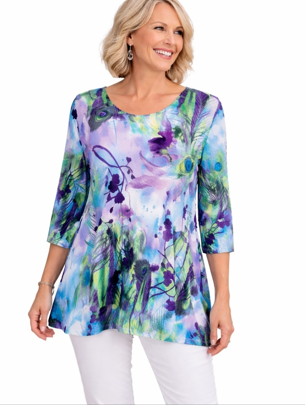 Sea & Anchor SZ XL Tropical Peacock Feather Tunic Top Women Flowy Boho Vacation